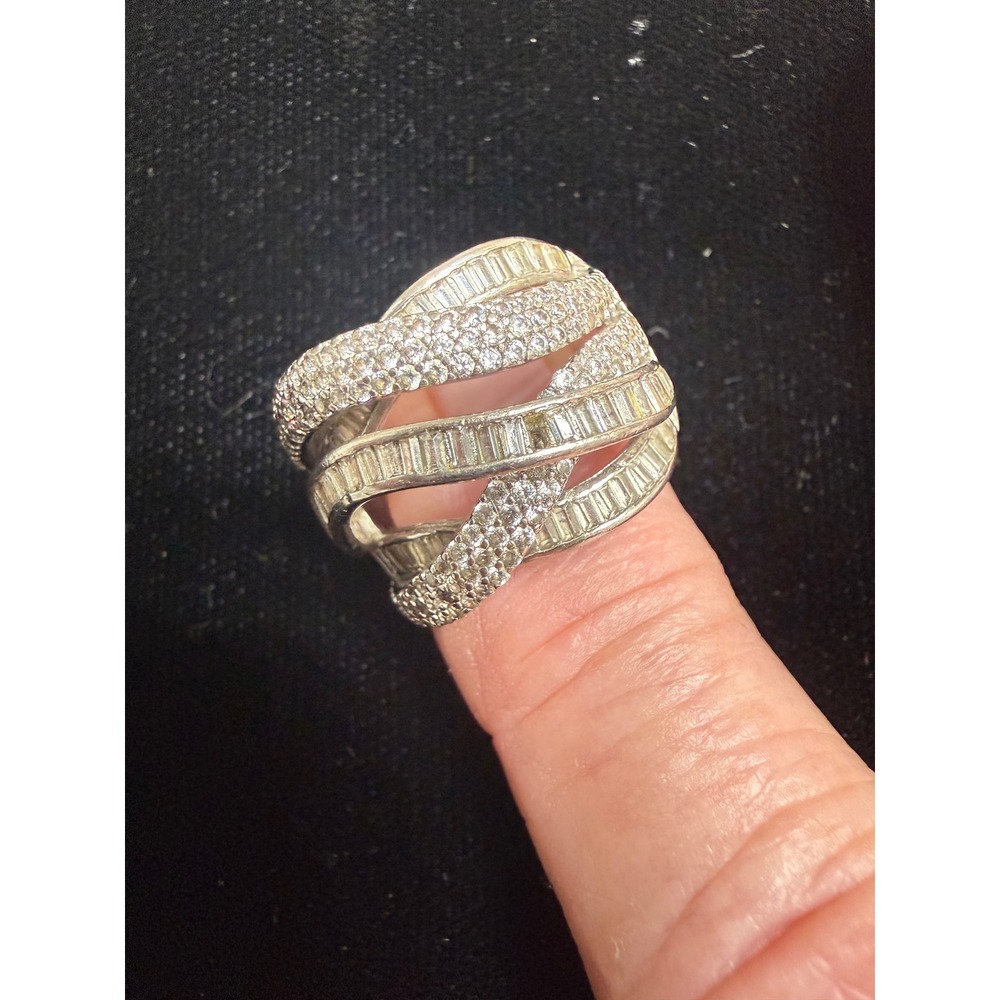 925 Statement Ring Silver Good Crossover Baguette CZ Size 7/8??? Missing 1 Stone